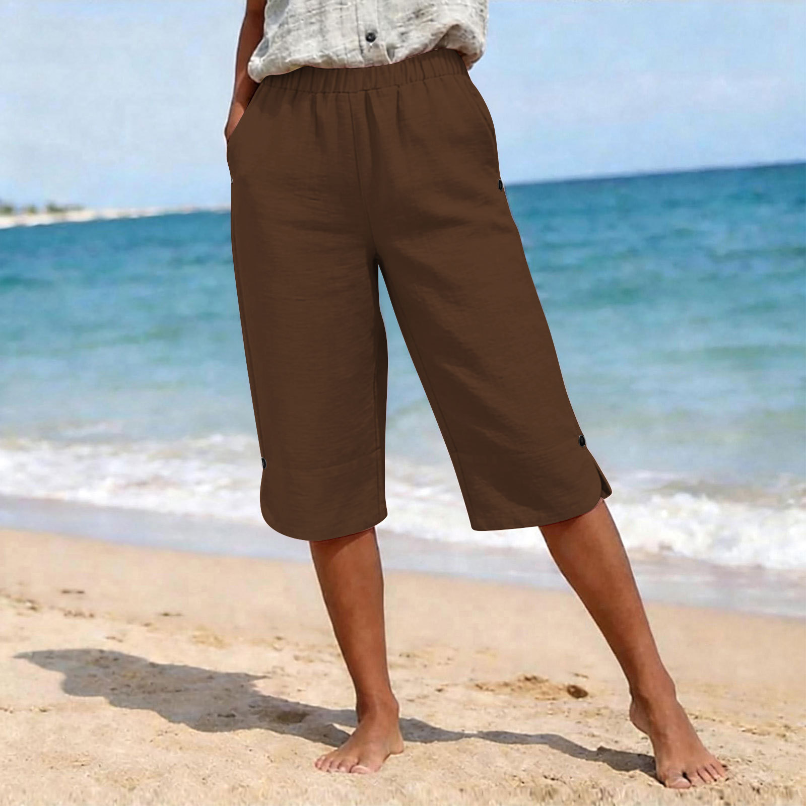 Pantalon femme, taille haute, élastique, jambes droites, casual