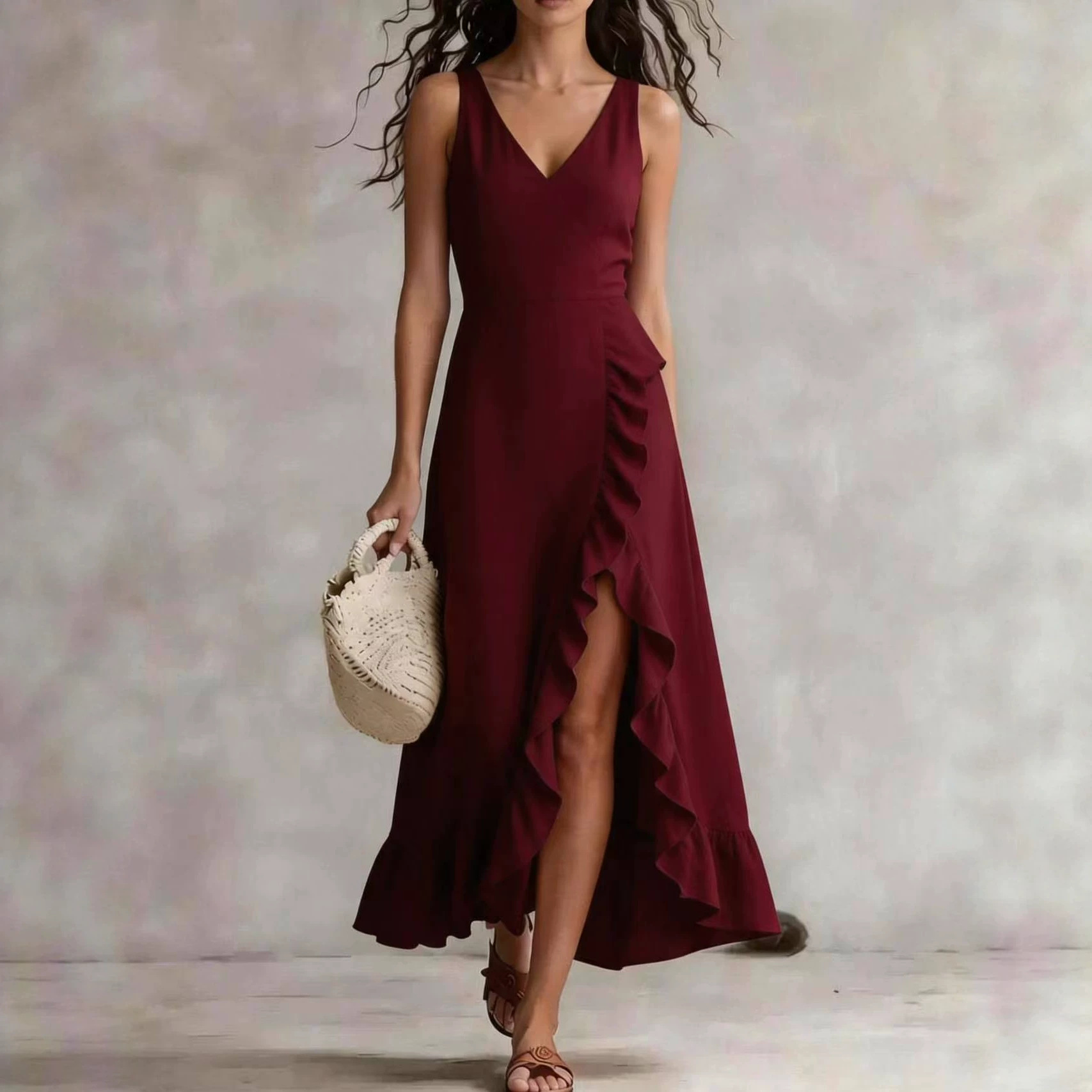 Robe fendue col V manches courtes froncée femme