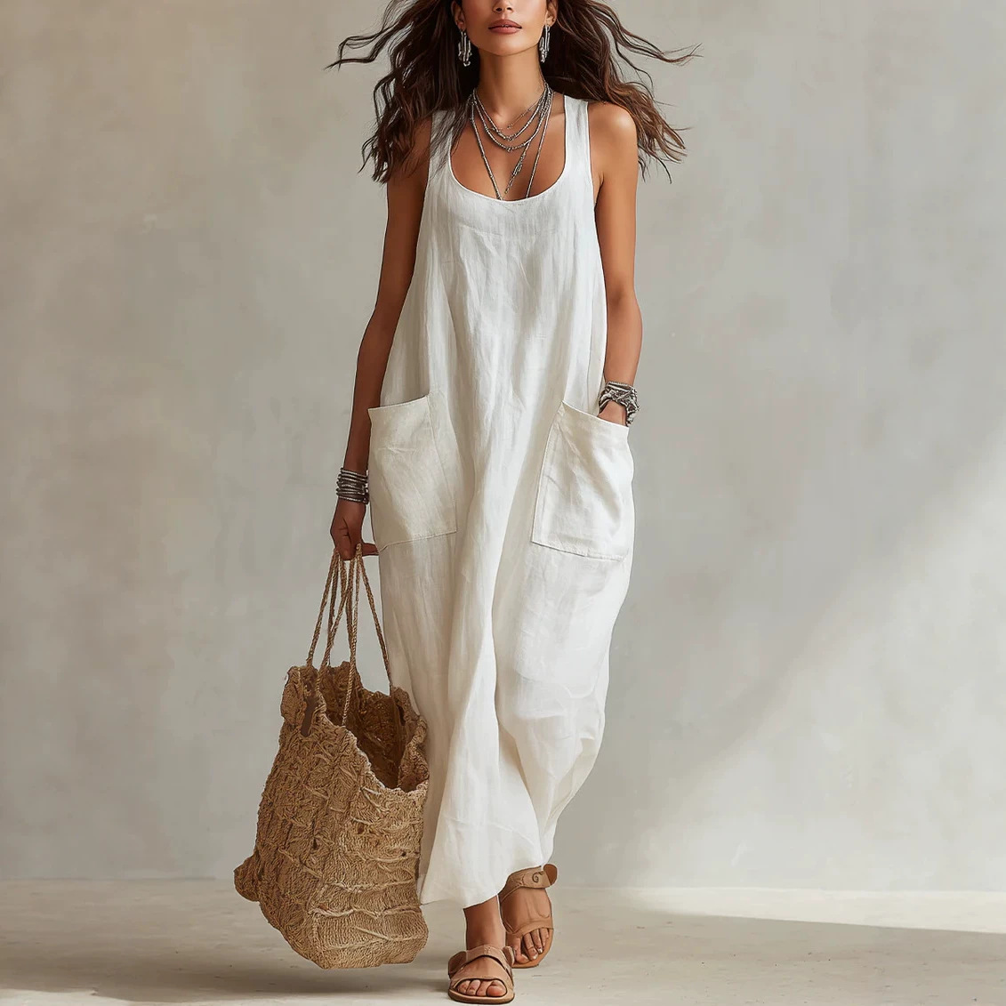 Robe glissante longue casual élégante avec poches