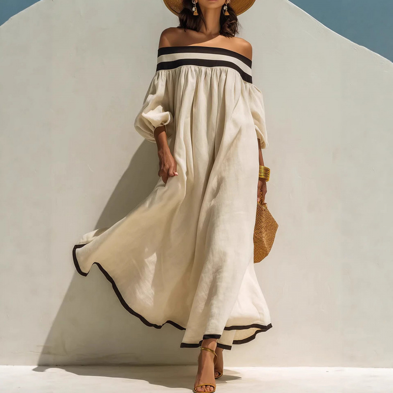 Robe maxi lin coton décolletée style villégiature femme