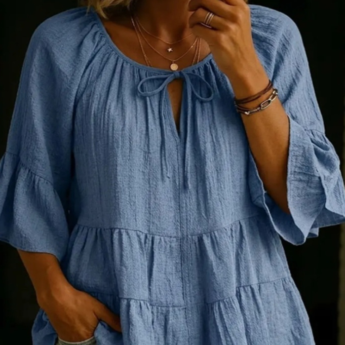 Chemise coton-lin plissée col V manches 3/4