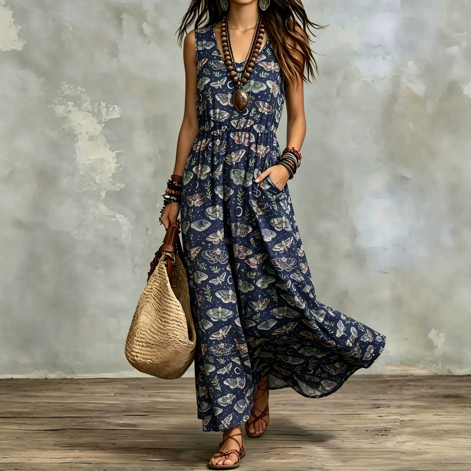 Robe longue imprimée sans manches poches