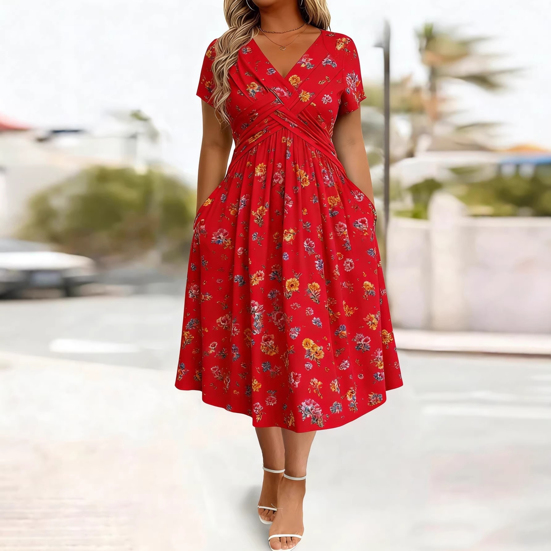 Robe fleur manches courtes grande taille