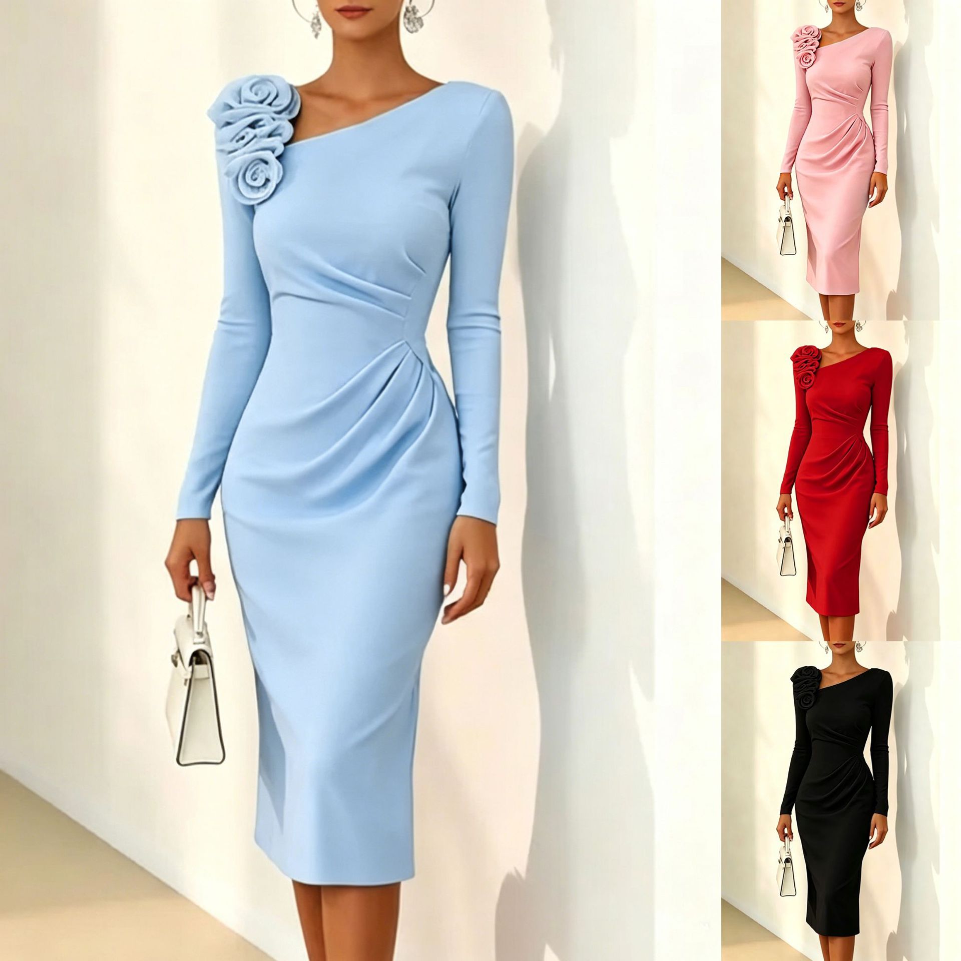 Robe florale 3D épaules dénudées ajustée