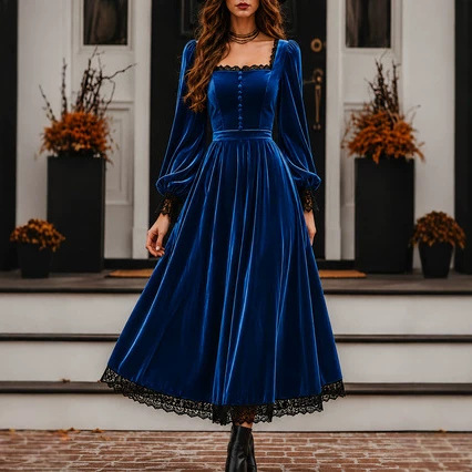 Robe velours col carré panneaux dentelle