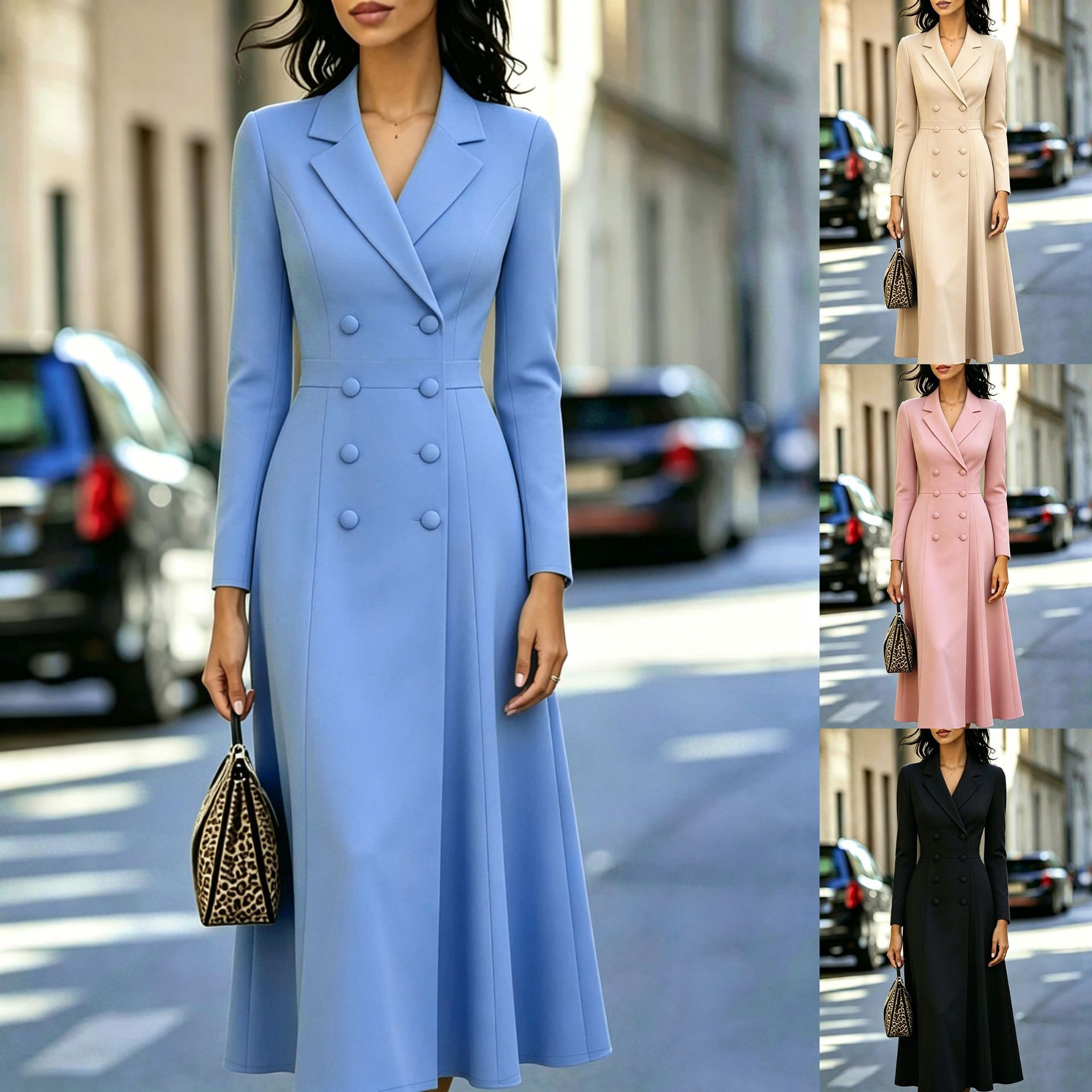 Robe longue élégante double boutonnage taille cintrée jupe évasée