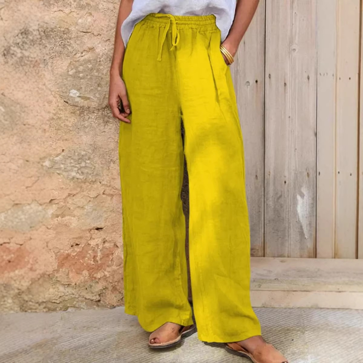 Pantalon casual ample cordon couleur unie