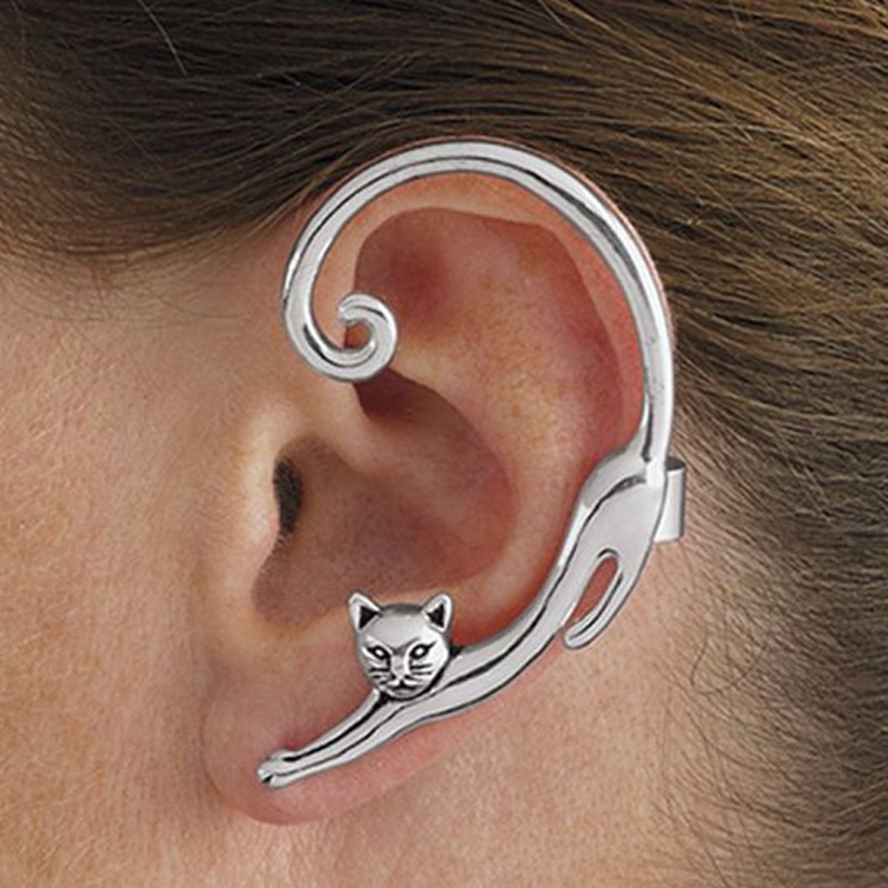 Boucle d'oreille clou chat punk style ear cuff rock noir