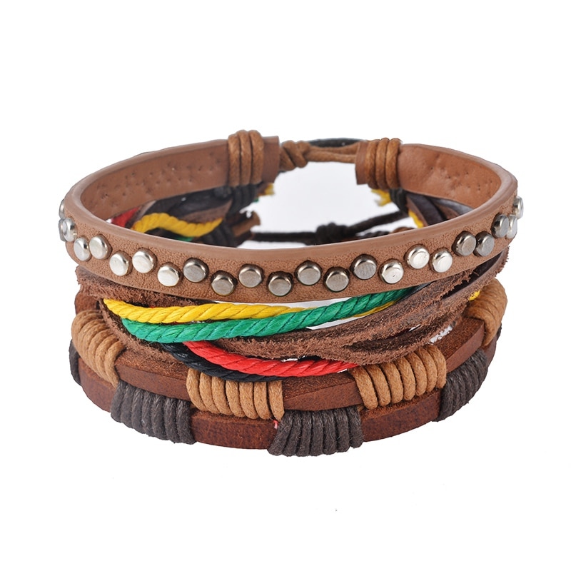 Bracelet cuir multicouche perles punk homme femme vintage