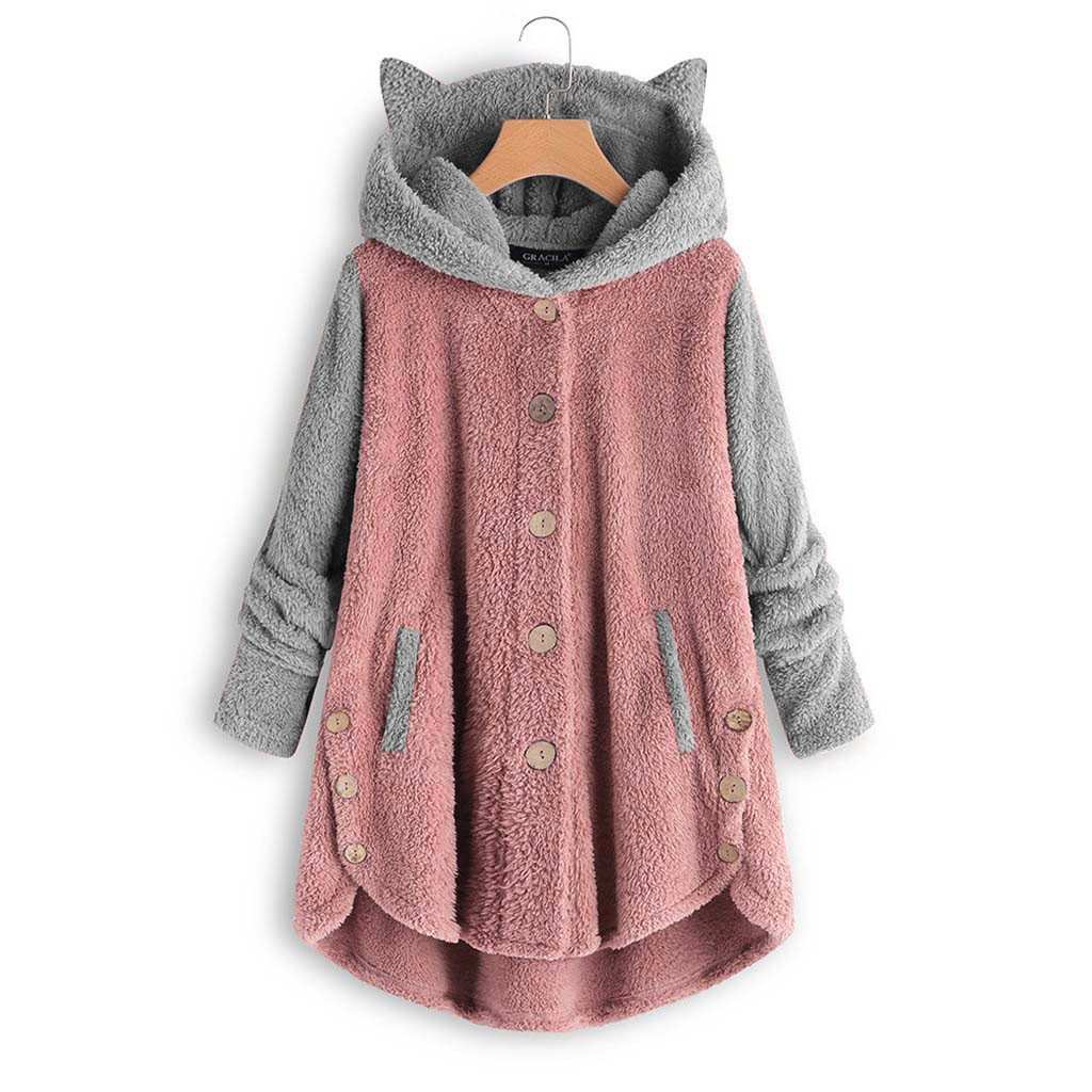 Chandail peluche chat oreilles boutonné capuche
