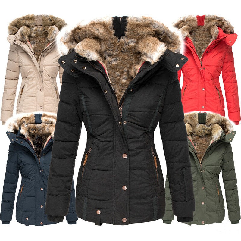 Manteau coton col fourrure manches longues ajusté