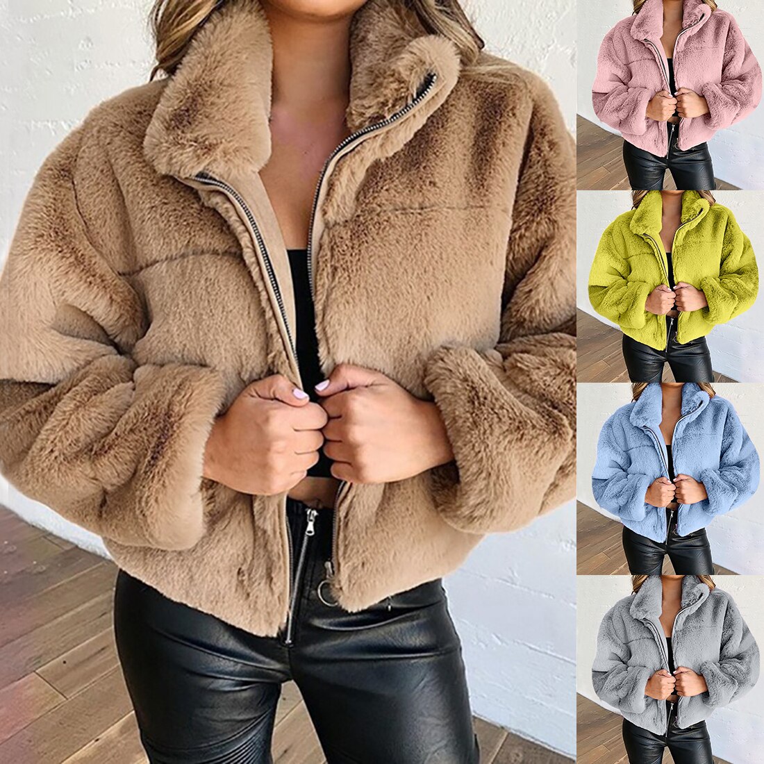 Manteau court femme col montant cardigan fermeture éclair peluche