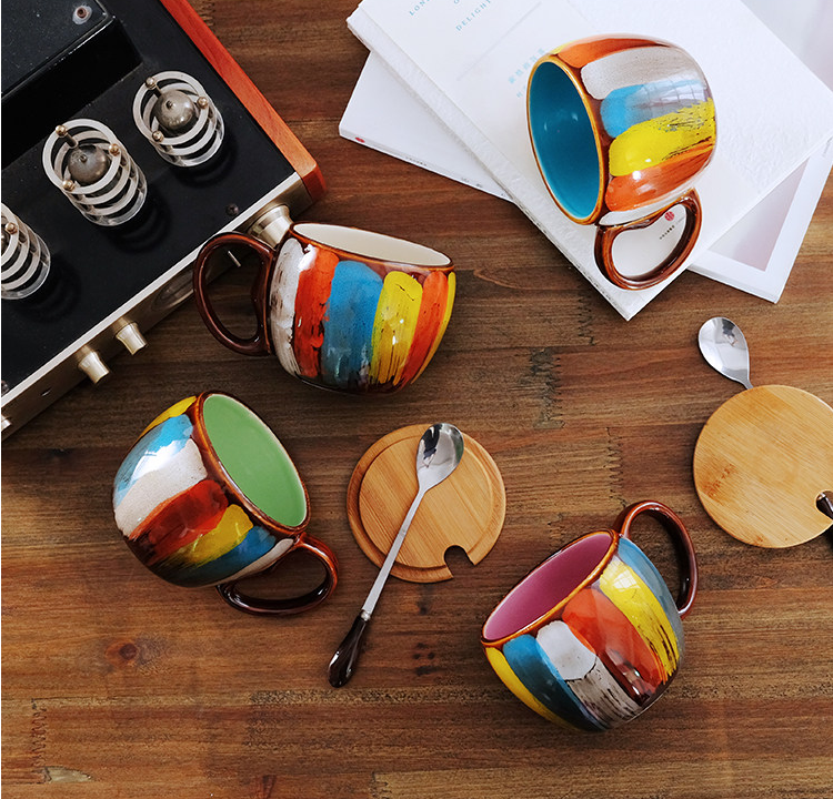 Tasse créative céramique avec couvercle et cuillère - café, lait